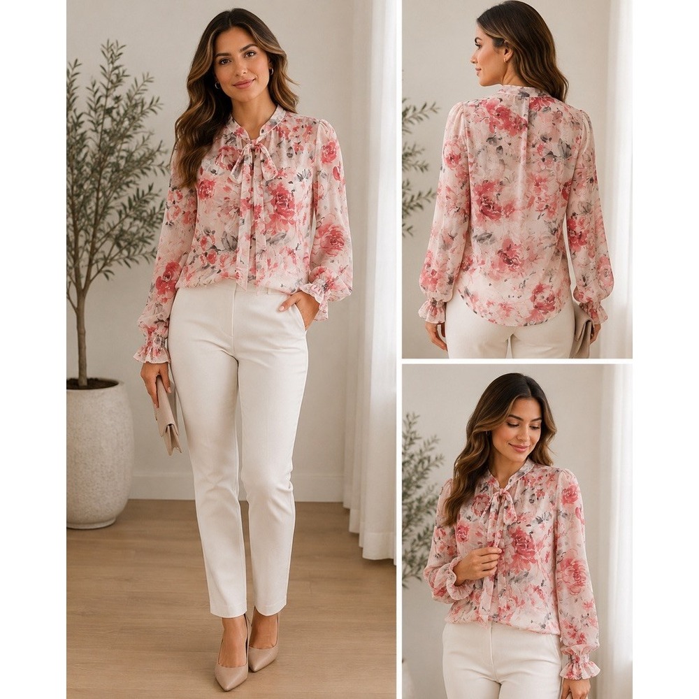 NWOT White House Black Market Women's Floral Tie‑Neck Flowy Blouse Top Size 2P